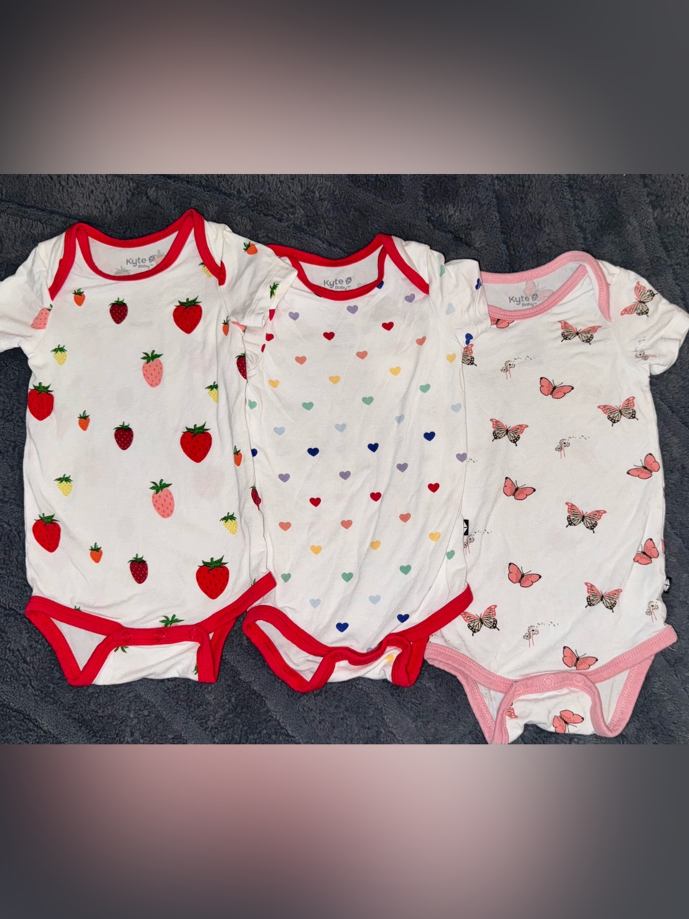 KYTE baby 3-Pack White Baby Onesies with Fruit, Hearts & Butterflies